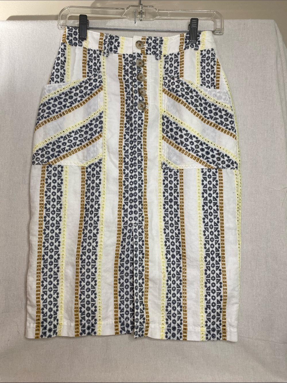 Anthropologie Quincy Button Embroidered Eyelet Pencil Linen Striped Midi Skirt